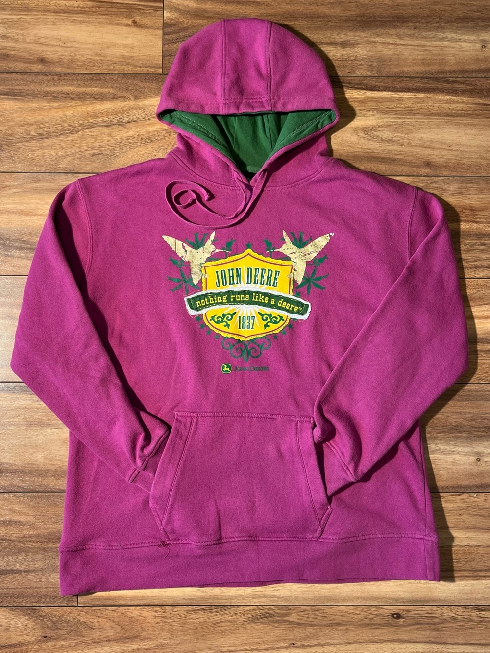 WOMENS XL JOHN DEERE GRAPHIC HUMMINGBIRD EMBROIDERED PURPLE HOODIE SWEATSHIRT